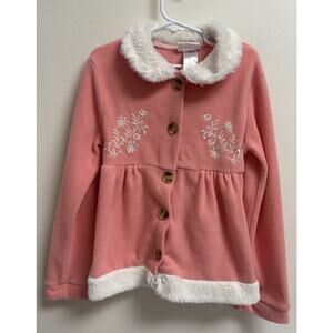 Little Lass Girls 6X Pink Fleece Jacket Faux Fur Trim Embroidered Flowers